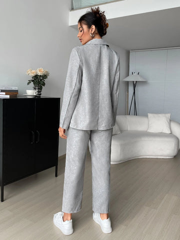 EZwear Lapel Neck Double Breasted Blazer & Slant Pocket Pants