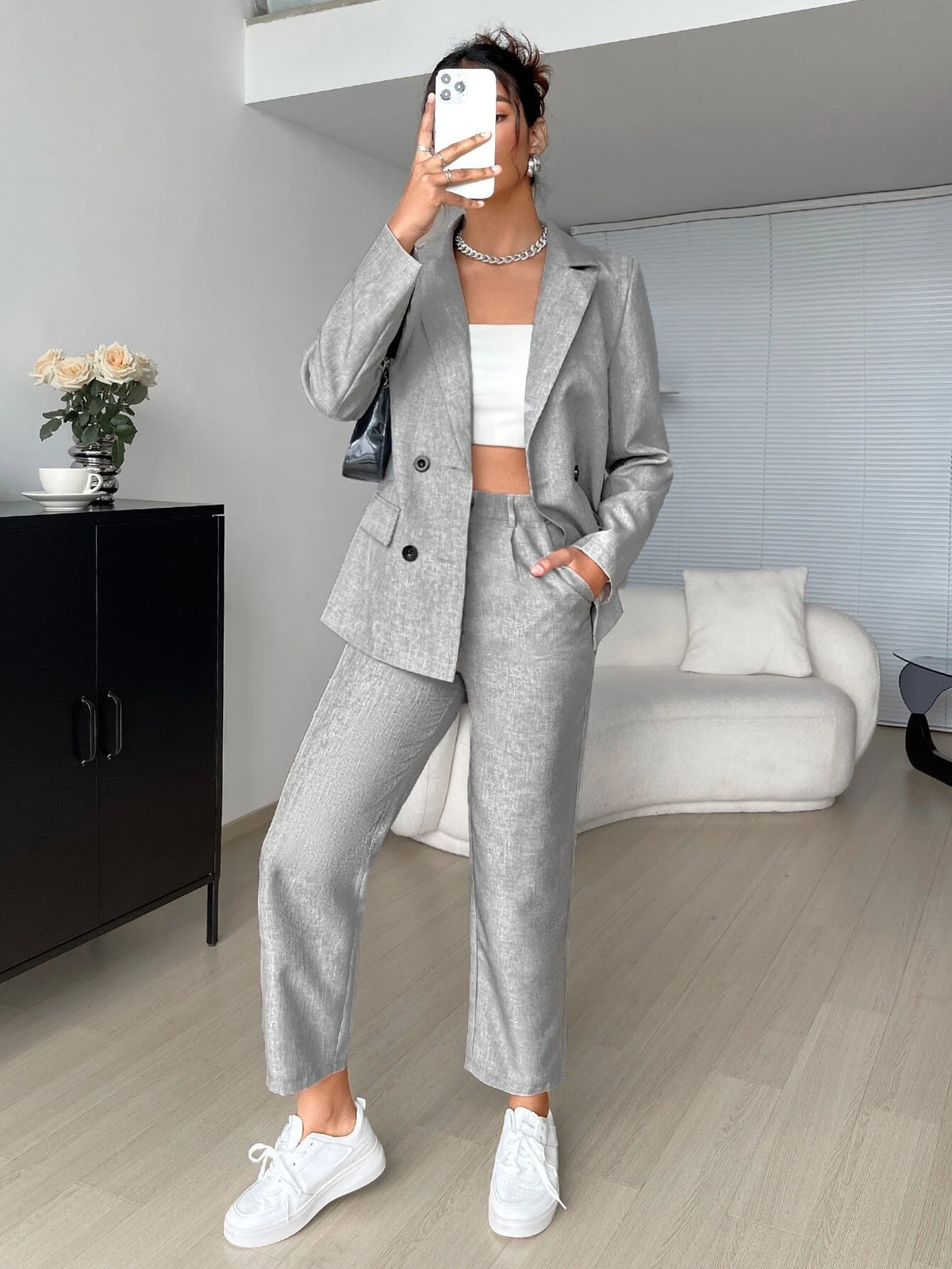 EZwear Lapel Neck Double Breasted Blazer & Slant Pocket Pants