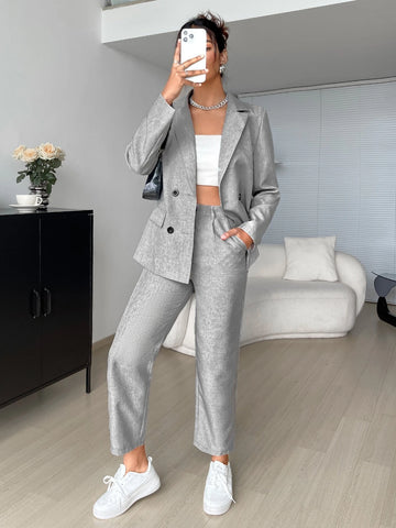 EZwear Lapel Neck Double Breasted Blazer & Slant Pocket Pants