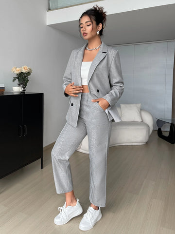 EZwear Lapel Neck Double Breasted Blazer & Slant Pocket Pants
