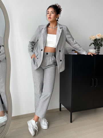 EZwear Lapel Neck Double Breasted Blazer & Slant Pocket Pants