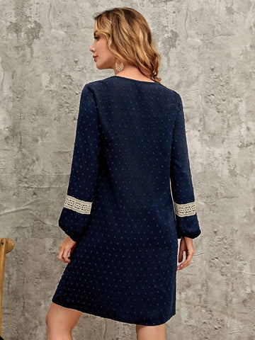 EMERY ROSE Swiss Dot Guipure Lace Insert Lantern Sleeve Dress