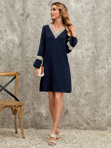 EMERY ROSE Swiss Dot Guipure Lace Insert Lantern Sleeve Dress