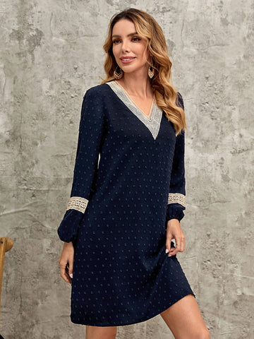 EMERY ROSE Swiss Dot Guipure Lace Insert Lantern Sleeve Dress
