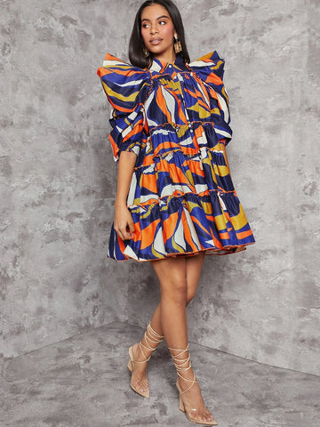 VCAY Allover Print Ruffle Hem Dress