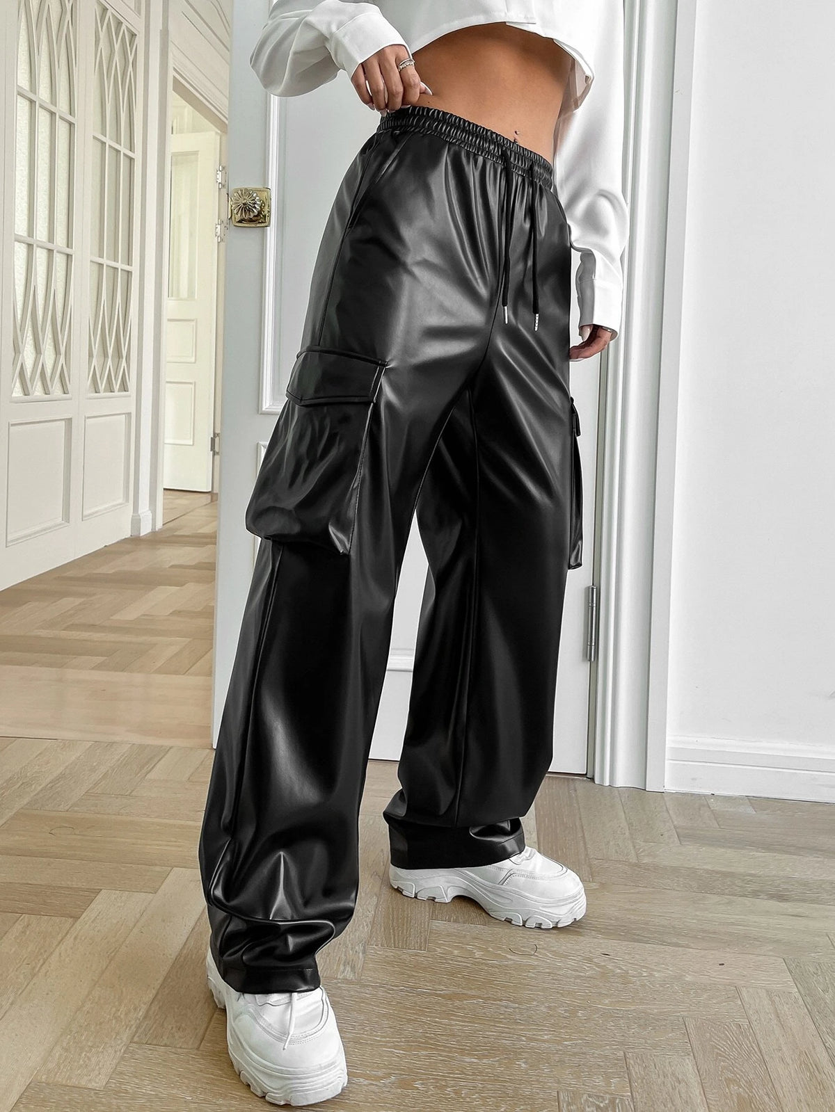 EZwear Drawstring Waist Flap Pocket Side PU Cargo Pants