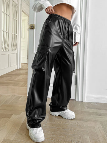 EZwear Drawstring Waist Flap Pocket Side PU Cargo Pants