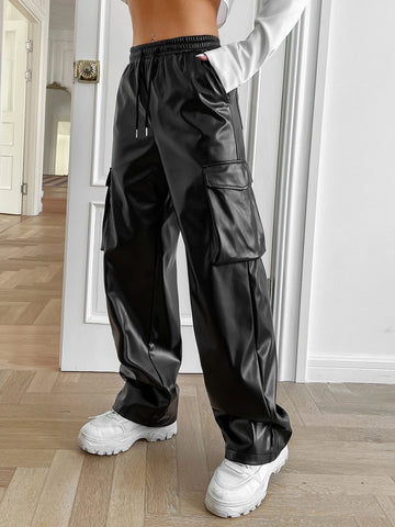 EZwear Drawstring Waist Flap Pocket Side PU Cargo Pants