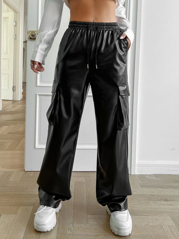 EZwear Drawstring Waist Flap Pocket Side PU Cargo Pants