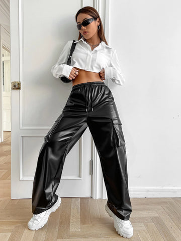 EZwear Drawstring Waist Flap Pocket Side PU Cargo Pants