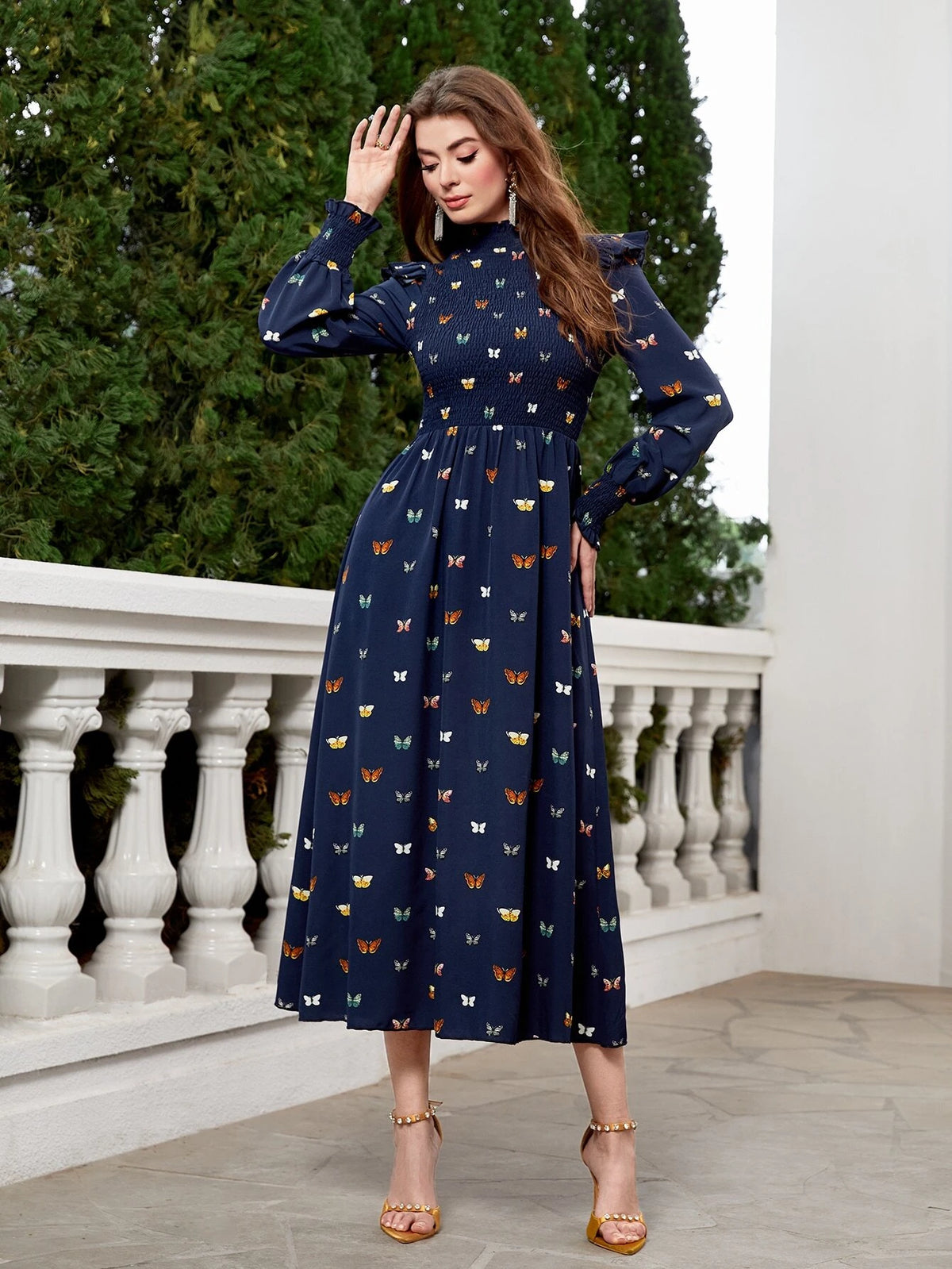 Butterfly Print Mock Neck Ruffle Trim Dress