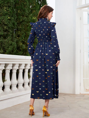 Butterfly Print Mock Neck Ruffle Trim Dress