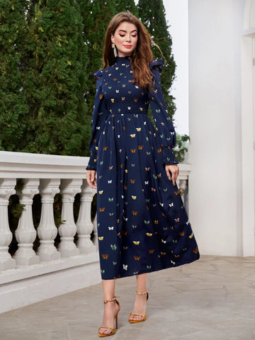 Butterfly Print Mock Neck Ruffle Trim Dress