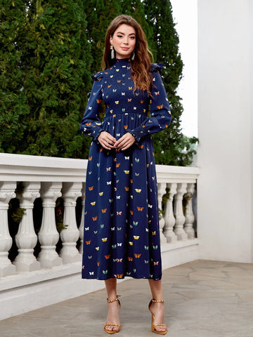 Butterfly Print Mock Neck Ruffle Trim Dress