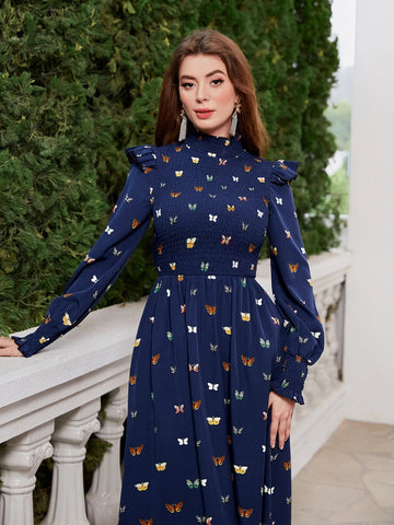 Butterfly Print Mock Neck Ruffle Trim Dress