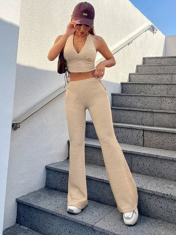 Drawstring Side Backless Halter Top & Flare Leg Pants