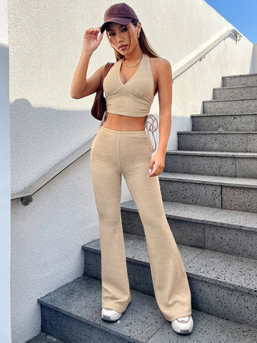 Drawstring Side Backless Halter Top & Flare Leg Pants