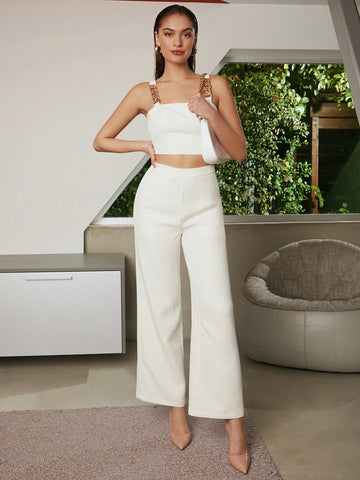 BIZwear Chain Detail Crop Top & Wide Leg Pants