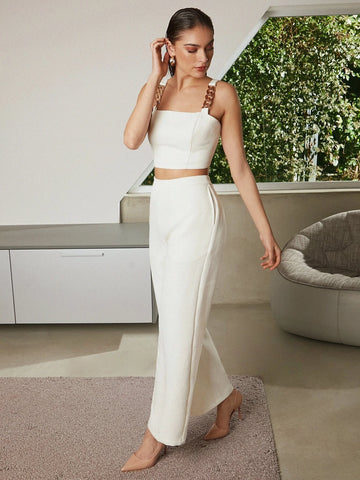 BIZwear Chain Detail Crop Top & Wide Leg Pants