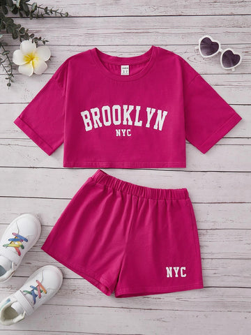 Girls Letter Graphic Drop Shoulder Crop Tee & Shorts Set