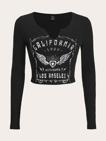 EZwear Letter Graphic Notched Neck Crop Tee
