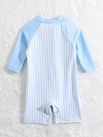 Baby Striped Print Zipper Front One Piece Swimsuit