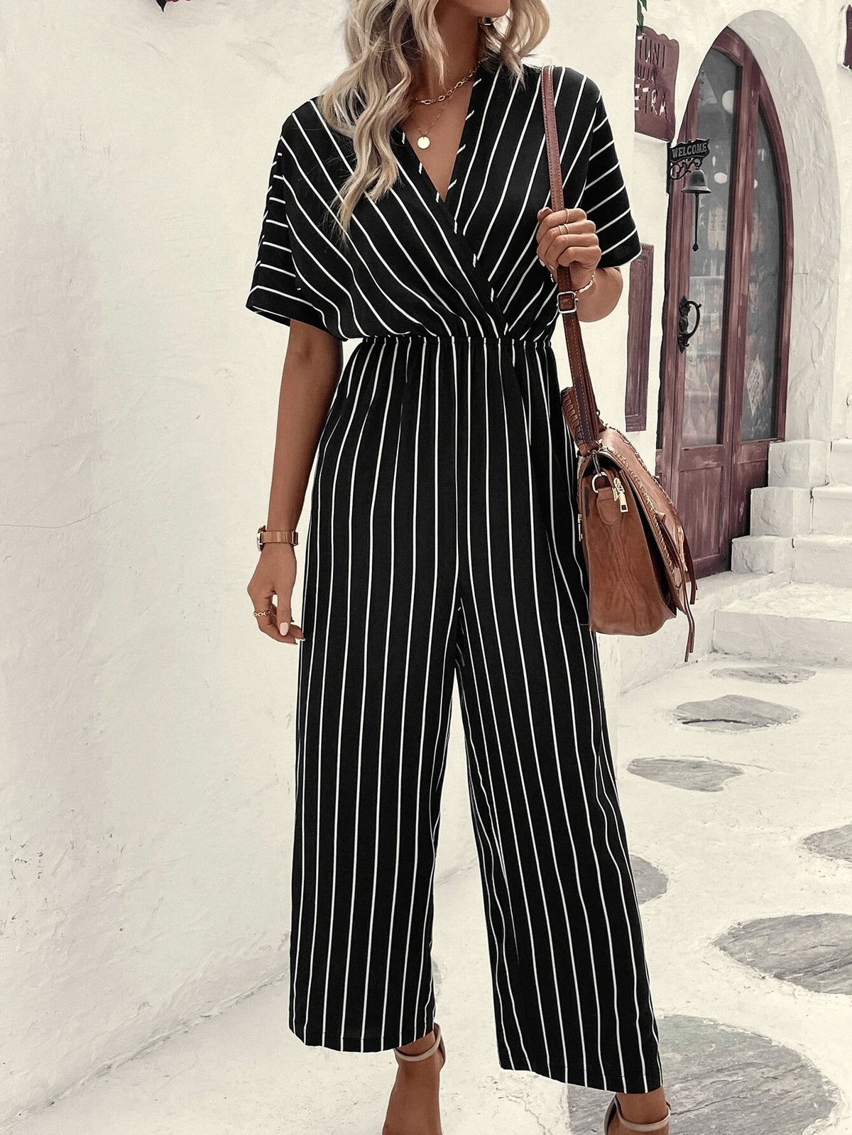 Striped Surplice Neck Batwing Sleeve Wide Leg Jumpsuit