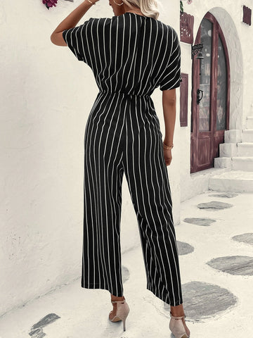 Striped Surplice Neck Batwing Sleeve Wide Leg Jumpsuit