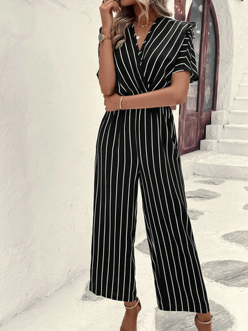 Striped Surplice Neck Batwing Sleeve Wide Leg Jumpsuit