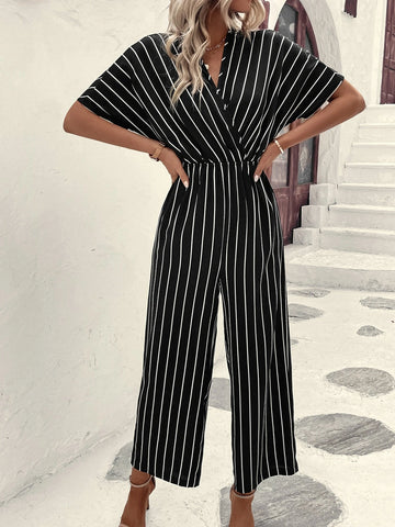 Striped Surplice Neck Batwing Sleeve Wide Leg Jumpsuit