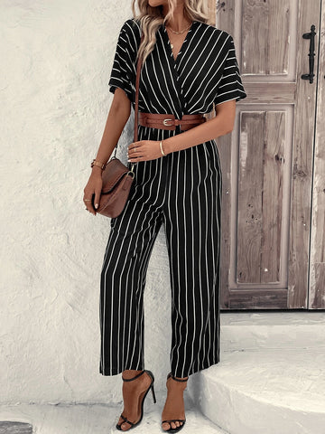 Striped Surplice Neck Batwing Sleeve Wide Leg Jumpsuit