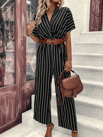 Striped Surplice Neck Batwing Sleeve Wide Leg Jumpsuit