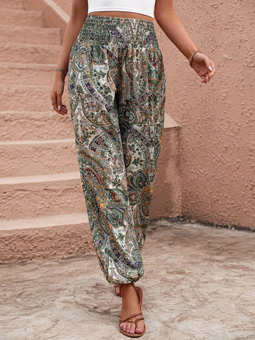 Paisley Print Shirred Waist Jogger Pants