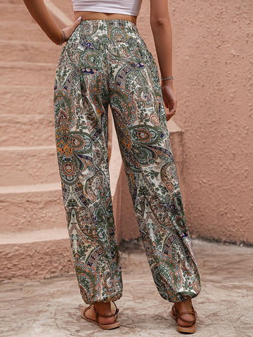 Paisley Print Shirred Waist Jogger Pants