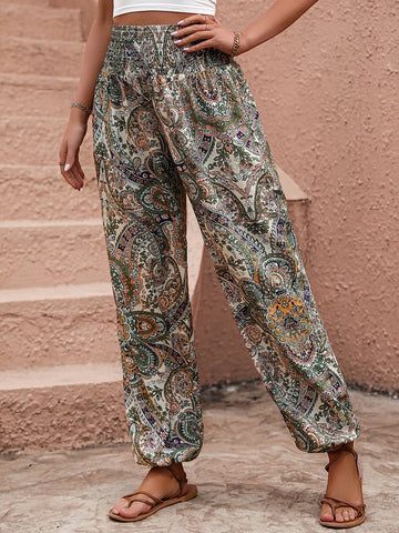 Paisley Print Shirred Waist Jogger Pants