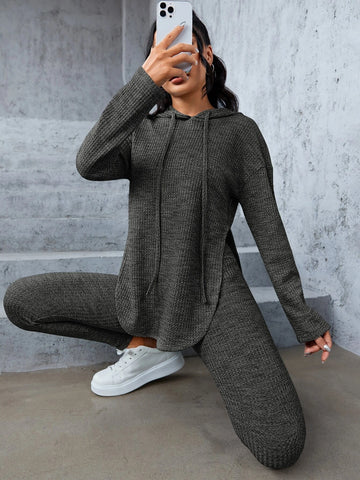 Space Dye Drop Shoulder Split Hem Drawstring Hoodie & Leggings