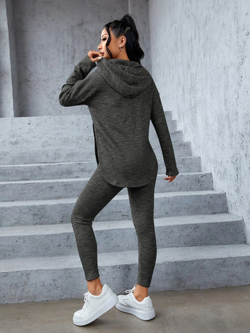 Space Dye Drop Shoulder Split Hem Drawstring Hoodie & Leggings