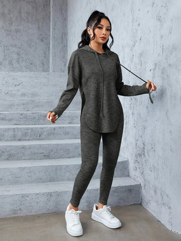 Space Dye Drop Shoulder Split Hem Drawstring Hoodie & Leggings