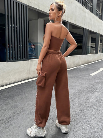 ICON Letter Graphic Tube Top & Flap Pocket Side Sweatpants