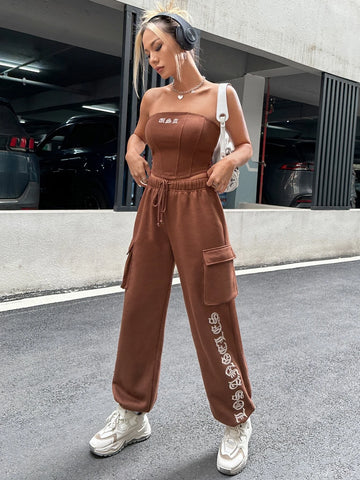 ICON Letter Graphic Tube Top & Flap Pocket Side Sweatpants