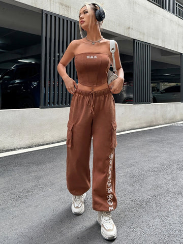 ICON Letter Graphic Tube Top & Flap Pocket Side Sweatpants