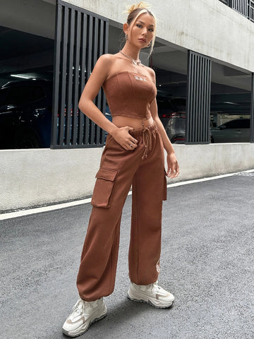 ICON Letter Graphic Tube Top & Flap Pocket Side Sweatpants