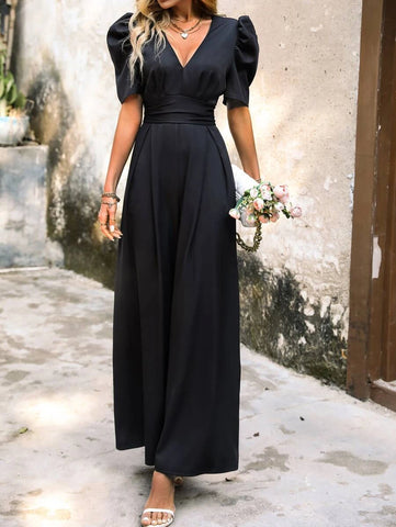 Plunging Neck Puff Sleeve Wide Leg Jumpsuit