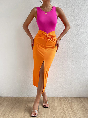 Two Tone Twist Front Split Thigh Dress
