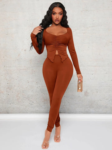 Sweetheart Neck Split Hem Top & Leggings