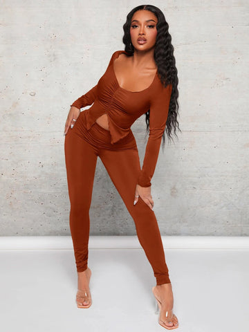 Sweetheart Neck Split Hem Top & Leggings