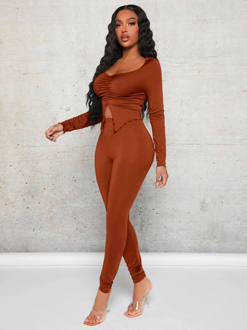 Sweetheart Neck Split Hem Top & Leggings