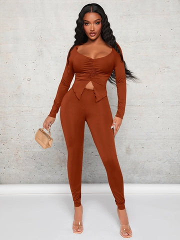 Sweetheart Neck Split Hem Top & Leggings