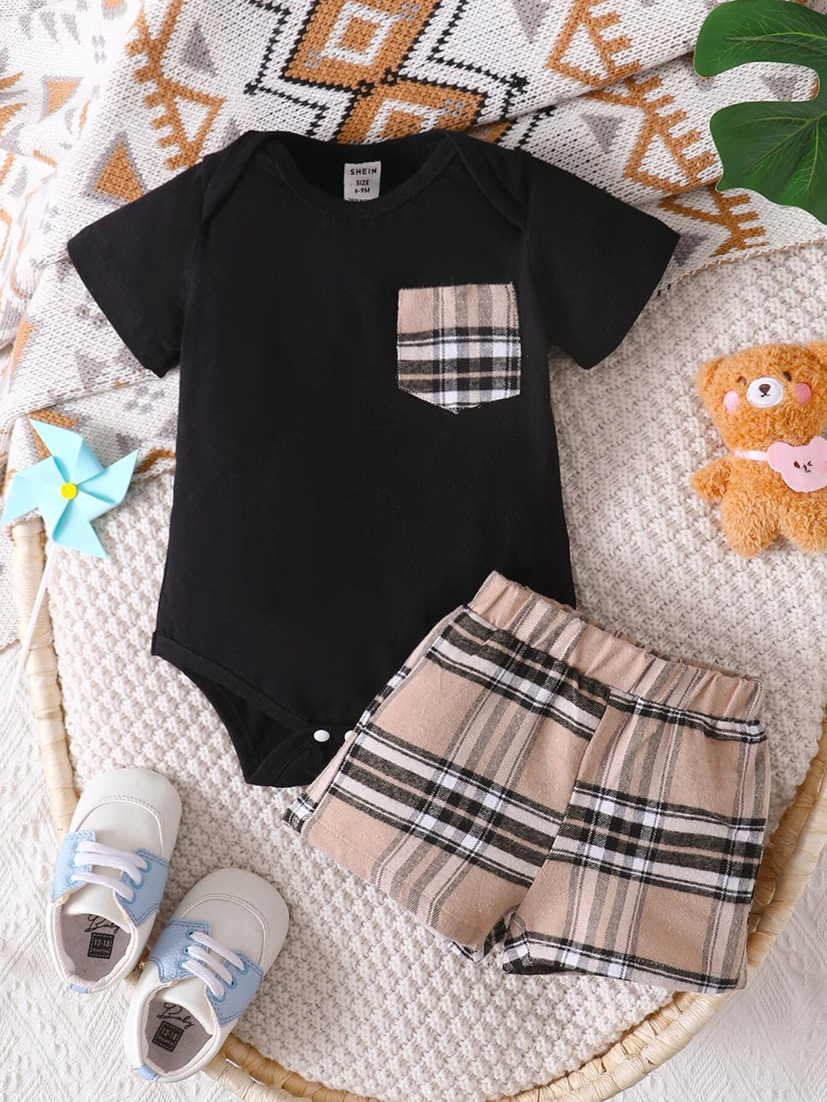 Baby Plaid Patched Pocket Bodysuit & Shorts