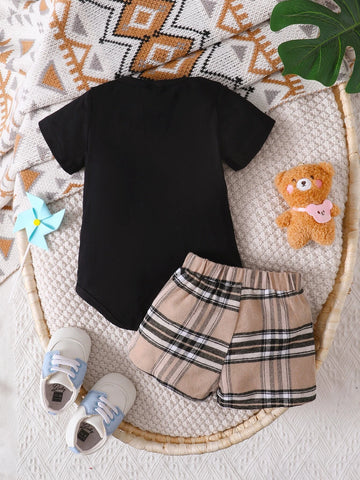 Baby Plaid Patched Pocket Bodysuit & Shorts